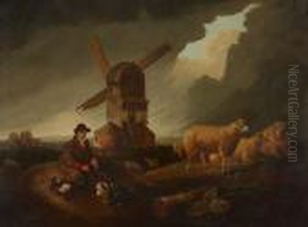 Shepherd And Flock By A Windmill Oil Painting by Benjamin Barker Of Bath