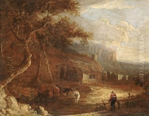 Cattle Before A Cottage, A View To A Distant Landscape Beyond Oil Painting by Benjamin Barker Of Bath