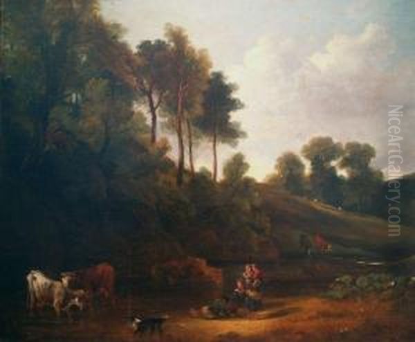 Country Children Watching Cattle Drinking At A Stream Oil Painting by Benjamin Barker Of Bath