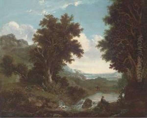 Figures By A Brook, An Extensive Landscape Beyond Oil Painting by Benjamin Barker Of Bath