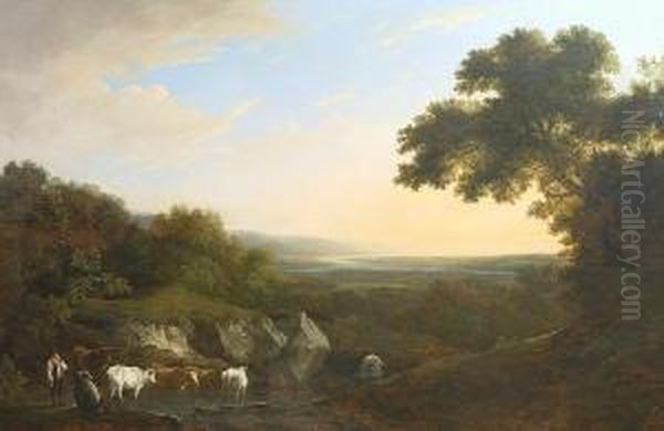 An Extensive Estuary Landscape With Cattle And Figures In The Foreground Oil Painting by Benjamin Barker Of Bath