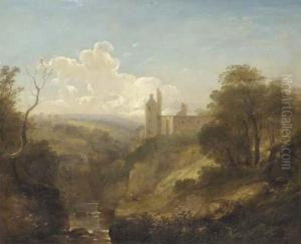 A Wooded Valley Landscape With A Castle Beyond Oil Painting by Benjamin Barker Of Bath