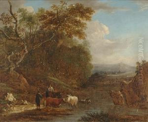 A Wooded Landscape With A Cowherd Watering His Livestock And Conversing With A Traveller Oil Painting by Benjamin Barker Of Bath