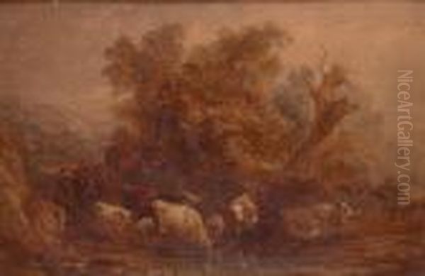 Cattle Watering At A Wooded Pool Oil Painting by Benjamin Barker Of Bath