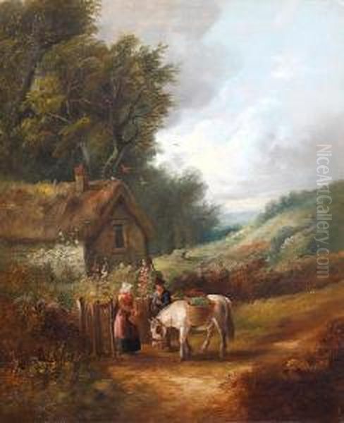 Figures And Horse Before A Country Cottage;and Another Of Figures On A Woodland Path Oil Painting by John Joseph Barker Of Bath