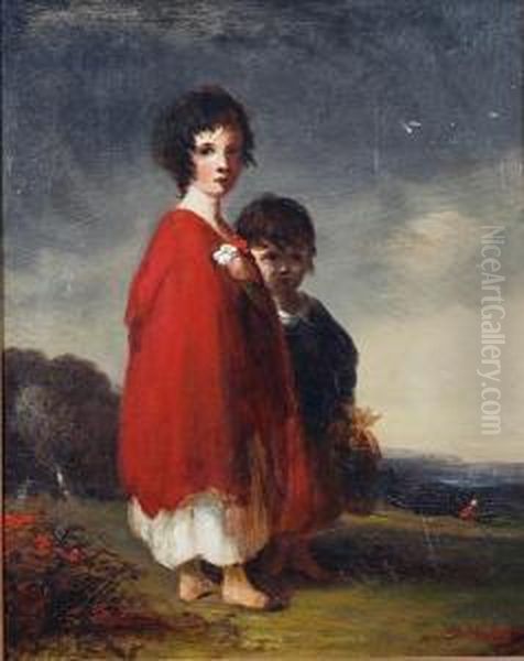 Two Children Before A Landscape Oil Painting by John Joseph Barker Of Bath