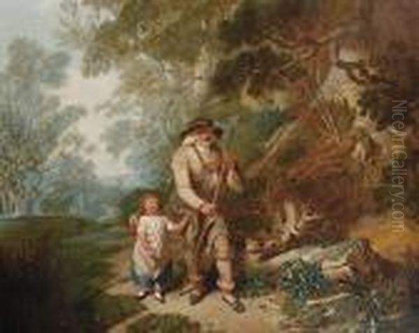 An Elderly Man With A Young Boy On A Wooded Path Oil Painting by John Joseph Barker Of Bath