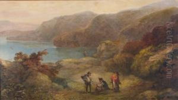 Figures On A Coastal Clifftop Path Oil Painting by John Joseph Barker Of Bath