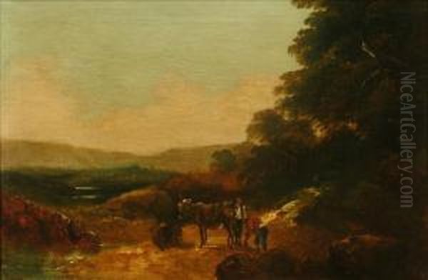 Figures At A Ford Oil Painting by John Joseph Barker Of Bath