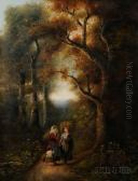 Figures On A Path Through The Woods. Oil Painting by John Joseph Barker Of Bath