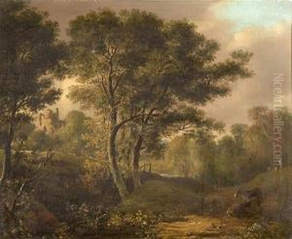 Wooded Landscape With Figures And Donkeys, Andcastle Ruins In Distance Oil Painting by John Joseph Barker Of Bath