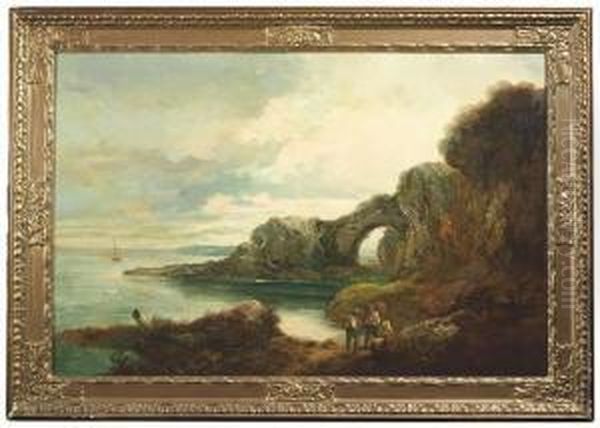 Coastal Landscape With Peasants Talking. Oil/canvas/panel, Signed Oil Painting by John Joseph Barker Of Bath