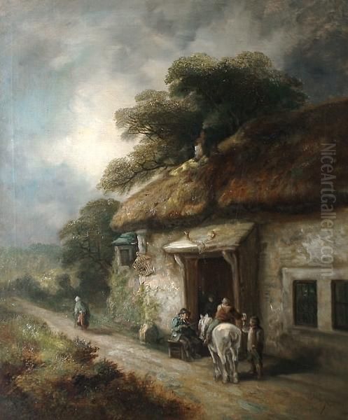 Figures Taking Refreshments 
Before An Inn; A Workman And A Horse Drawn Wagon Beside A Country Road Oil Painting by John Joseph Barker Of Bath