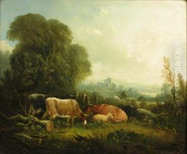 Cattle, Sheep And A Goat Grazing Near Castle Ruins Oil Painting by John Joseph Barker Of Bath