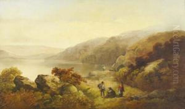 Lakeland Landscape With Figures In The Foreground And Hills Beyond Signed Oil Painting by John Joseph Barker Of Bath