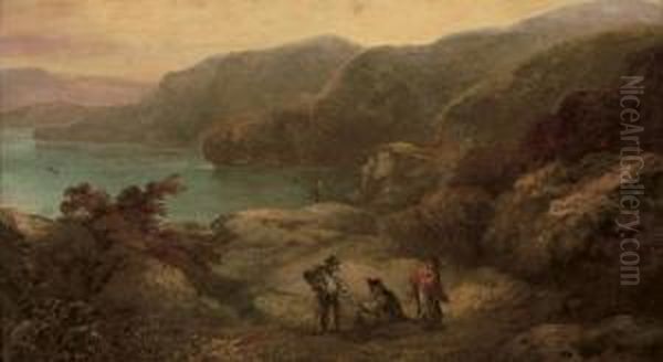 Figures On A Hillside Overlooking The Sea Oil Painting by John Joseph Barker Of Bath