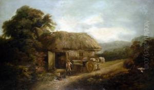 A Highland Croft, With Thatched Cottages,figures, Chickens And Hay Cart Oil Painting by John Joseph Barker Of Bath