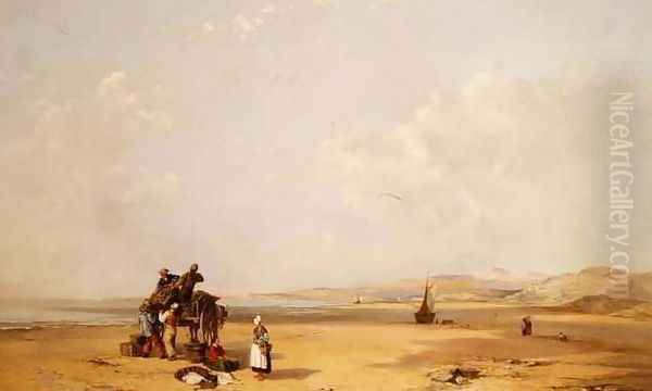 Fishermen unloading their catch on the beach in Cardigan Bay, 1841 Oil Painting by Charles Branwhite