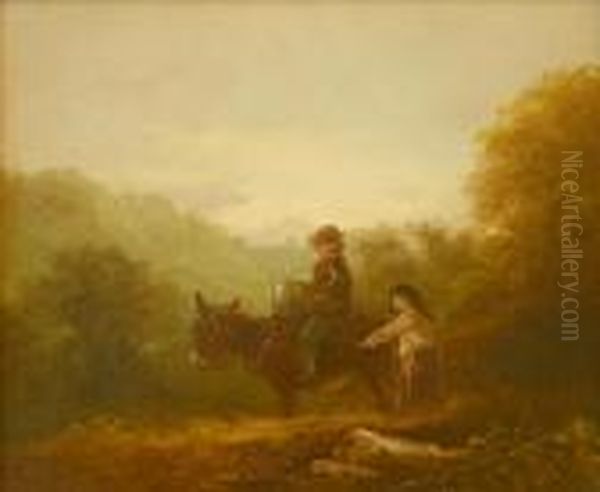 Children With A Donkey Oil Painting by John Joseph Barker Of Bath