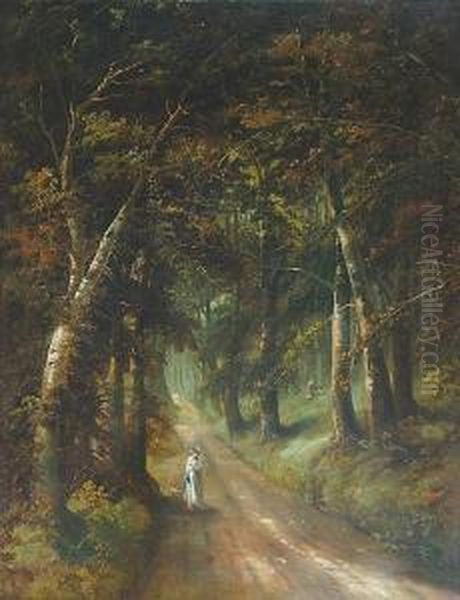 Woman Sketching On A Woodland Path Oil Painting by John Joseph Barker Of Bath