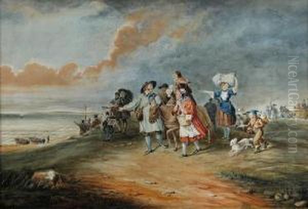 Fisherfolk On The Way To Meet Fishing Boats Oil Painting by Thomas Jones Barker