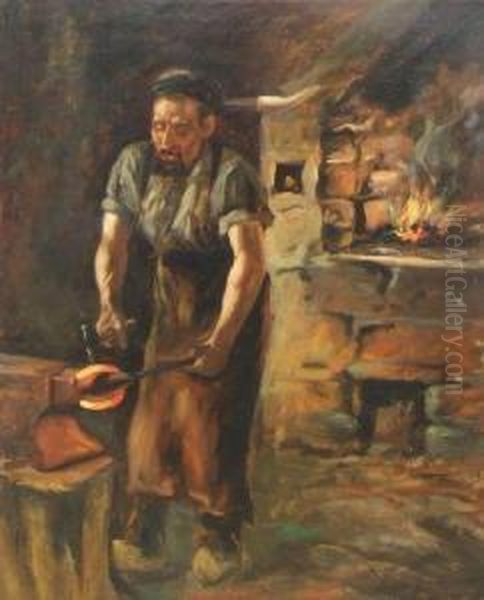 A Blacksmith At His Forge Oil Painting by Wright Barker