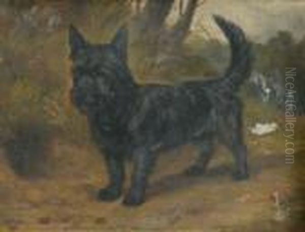 A Scottish Terrier Beside A Rabbit Hole In A Woodedlandscape Oil Painting by Wright Barker