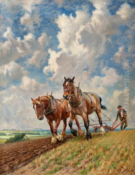 Ploughing The Fields Oil Painting by Wright Barker