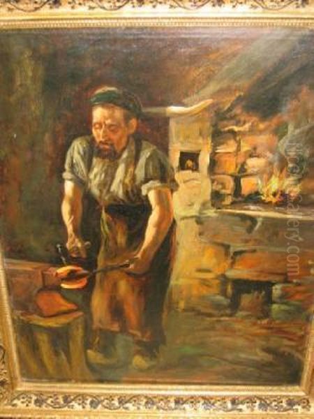 Blacksmith's Forge Oil Painting by Wright Barker