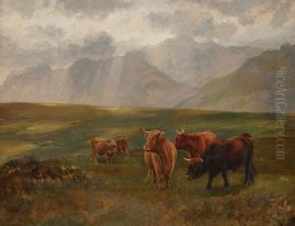 Highland Cattle In A Landscape Oil Painting by Wright Barker