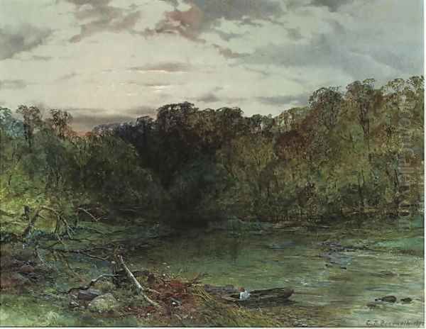 A wooded river landscape at sunset Oil Painting by Charles Branwhite