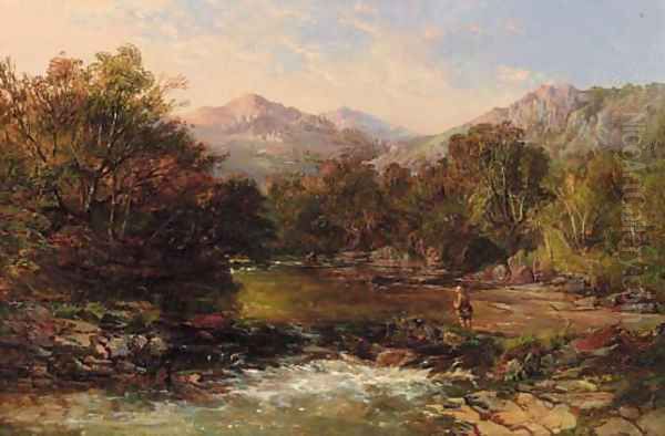 An angler in a wooded river landscape Oil Painting by Charles Branwhite