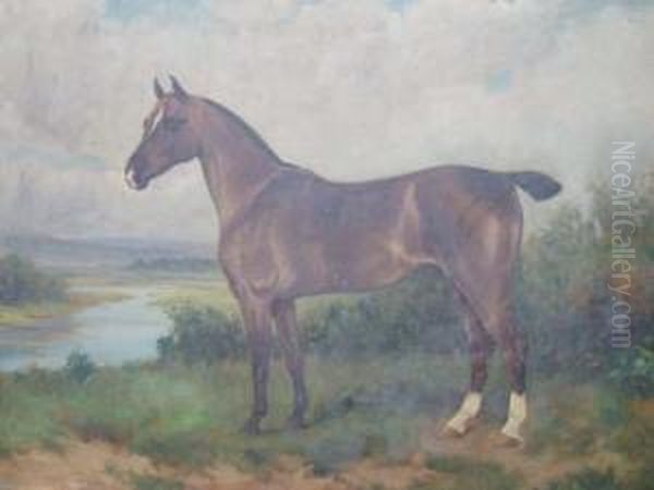 A Bay Horse In A Landscape Oil Painting by Wright Barker