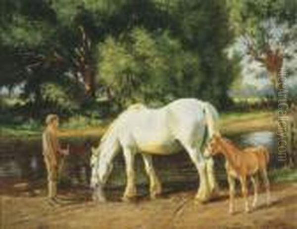 A Mare And Her Foal At A Ford Oil Painting by Wright Barker