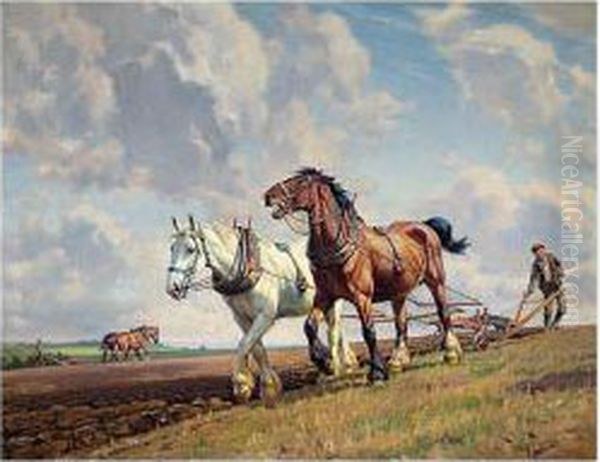 Ploughing The Fields Oil Painting by Wright Barker