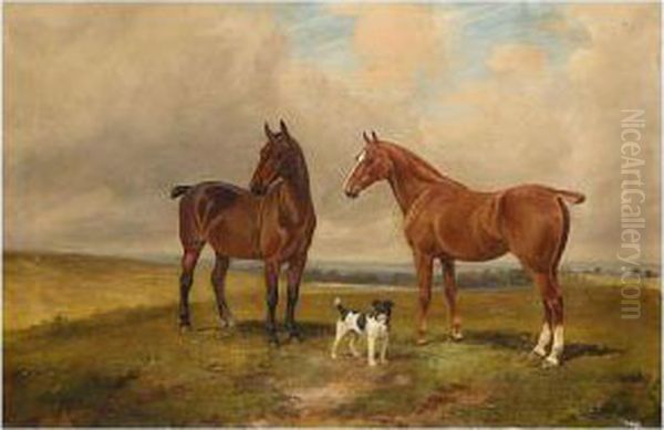 A Bay And Chestnut Hunter With A Terrier Oil Painting by Wright Barker