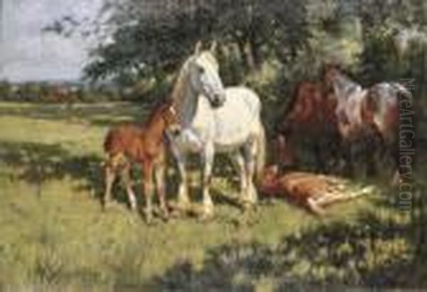 Mares And Foals In A Landscape Oil Painting by Wright Barker