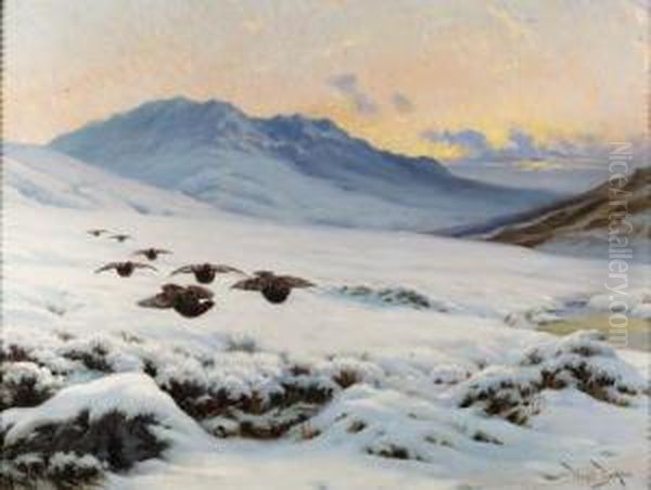 Grouse In Flight Over A Moorland In Winter Oil Painting by Wright Barker