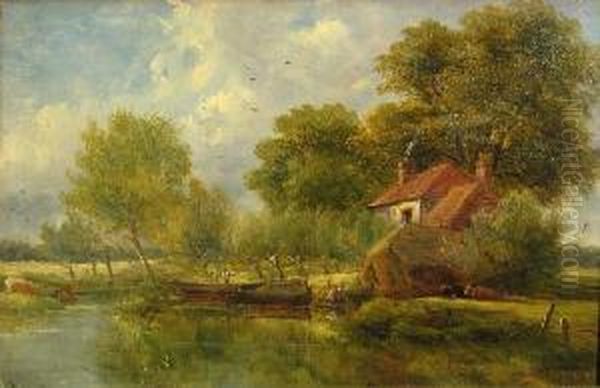 A Ferry On The Lea, Tottenham; A Lane At Millhill, Middlesex (a Pair) Oil Painting by Adam Barland