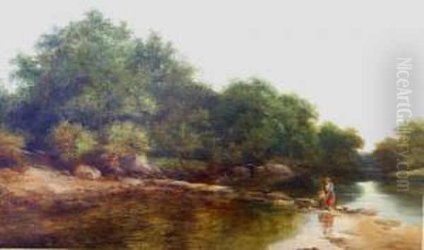 A Rural Riverside Landscapewith Figures Crossing A Stone Bridge Oil Painting by Adam Barland