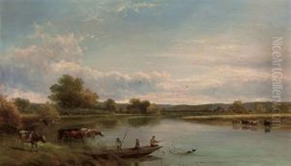 Figures In A Punt, With Cattle Watering Oil Painting by Adam Barland