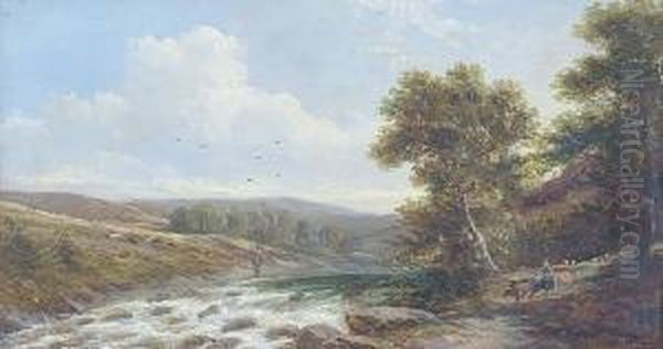 Cattle And Figures Beside A River Oil Painting by Adam Barland