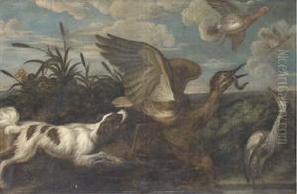 A Spaniel Chasing A Bittern, With A Heron And Duck, In Alandscape Oil Painting by Francis Barlow