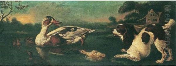 A Spaniel With A Duck And Ducklings Oil Painting by Francis Barlow