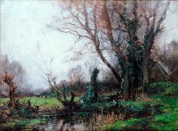 An Autumnal River Landscape Oil Painting by John Noble Barlow