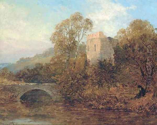 An angler by a castle ruin Oil Painting by David Bates