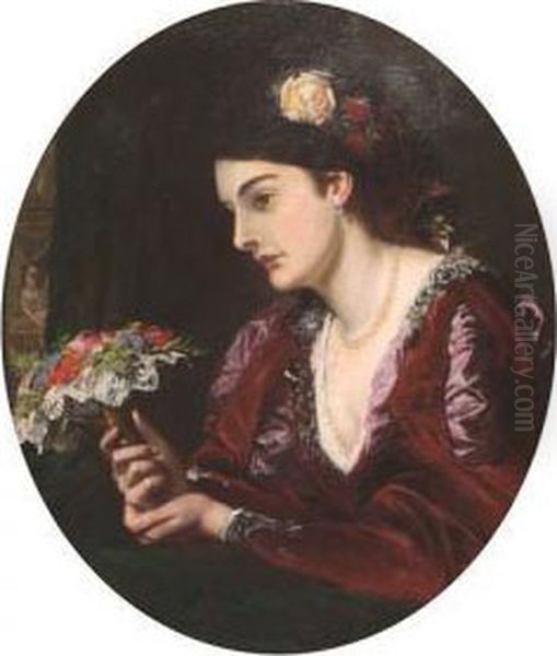 An Oval Half Length Portrait Of A Lady At The Theatre Holding Aposy Of Flowers Oil Painting by Edward Charles Barnes