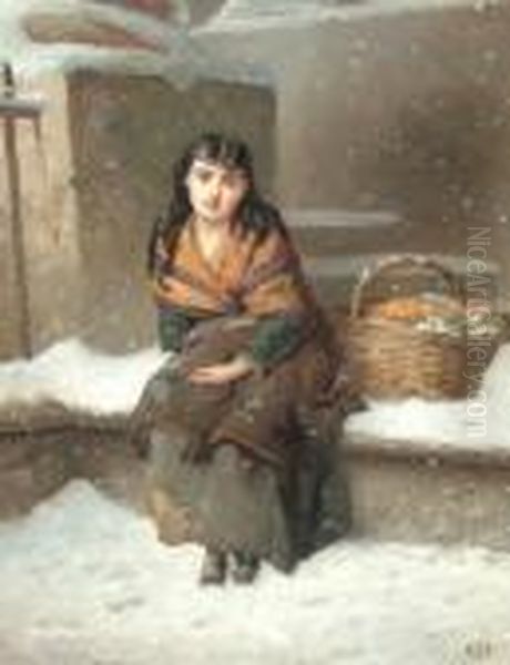 Portrait Of A Woman Seated Full-length With A Basket Of Flowers On A Winter's Day Oil Painting by Edward Charles Barnes