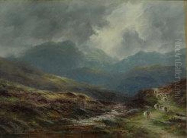 Sheep In Mountain Landscape Oil Painting by Samuel John Barnes