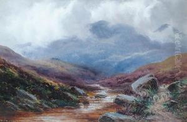 Sheep In A Highland Landscape; A River Landscape With Mountains Beyond Oil Painting by Samuel John Barnes